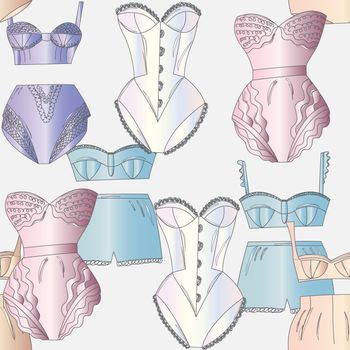 Repeat pattern silk lingerie collection. Lace underwear set , panties, bras, knickers isolated on white background. Vector illustration.