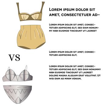 Lingerie collection blog post. Lace underwear set vs cotton set isolated on white background. Vector illustration.