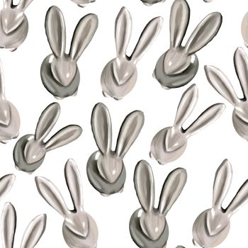 Ceramic easter bunny repeat pattern on white background. Seamless design illustration for festive postcards, banners, textile, background, wallpaper.