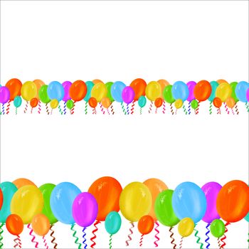 Colourful festive set balloons seamless horisontal border on white background. Repeat design illustration for postcard, banner, wallpaper, textile.