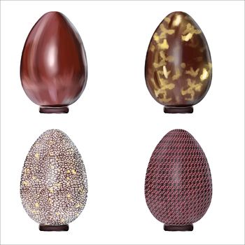 Easter chocolate eggs set isolated on white background. Illustration for festive postcards, banners, textile, background, wallpaper.
