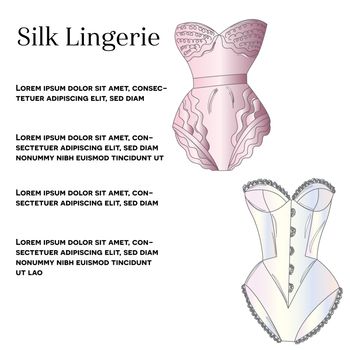 Female silk lingerie collection with text socila media post. Lace underwear set , panties, bras, knickers isolated on white background. Vector illustration.