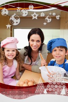 Mother and her children preparing dough against christmas frame