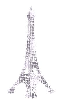 Eiffel Tower halftone illustration, desaturated purple dots on white background