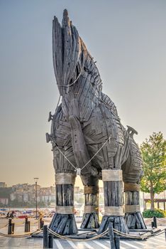 Canakkale, Turkey – 07.23.2019.  Statue of the Trojan horse in Canakkale on a summer morning