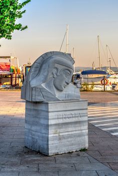 Canakkale, Turkey – 07.23.2019. Sculpture of Troy on the embankment of the Canakkale city, on a sunny summer morning