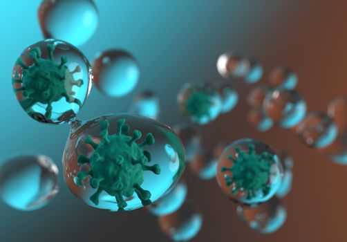 The coronavirus is spread by droplet infection. 3d render close-up.