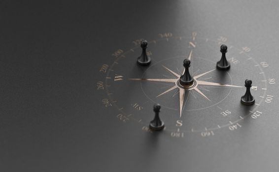 Golden compass rose over black background with five pawns. Business advice  or strategic marketing  concept. 3D illustration.