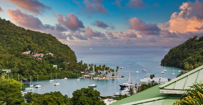 View of Marigot Bay from hilltop in St Lucia