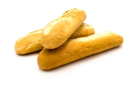 Three half french baguette on white background