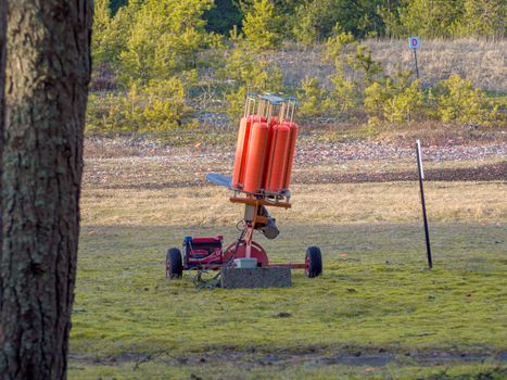 Clay pigeons for shooting. Shooting Center in Estonia, Tallinn. Forest on the background. Autumn season