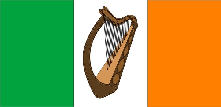 The Flag of Ireland with an added Irish harp in the centre
