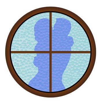 A kissing couple through a round window