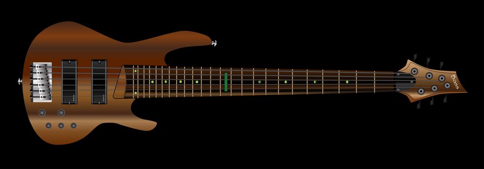A generic six string bass guitar isolated on black.