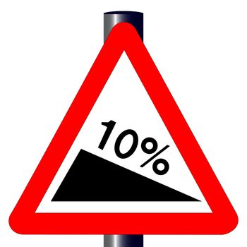 The traditional '10% INCLINE' triangle, traffic sign isolated on a white background..