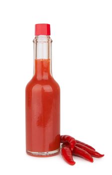 A bottle of hot sauce with hot pepper on a white background