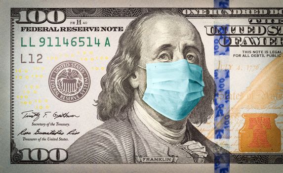 Benjamin Franklin With Worried and Concerned Expression Wearing Medical Face Mask On One Hundred Dollar Bill.