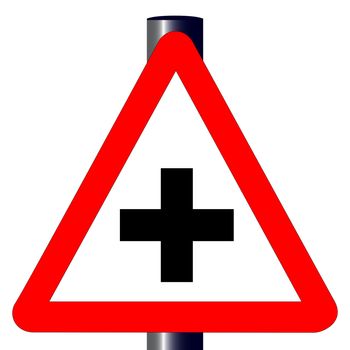 The traditional 'CROSS ROADS' triangle, traffic sign isolated on a white background..