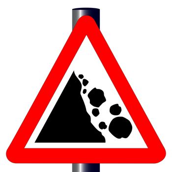The traditional 'DANGER FALLING ROCKS' triangle, traffic sign isolated on a white background..