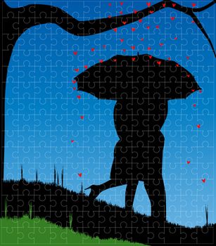 A courting couple, silhouette, kissing under an umbrella, during a downpour of red cupids hearts set into a jigsaw frame.