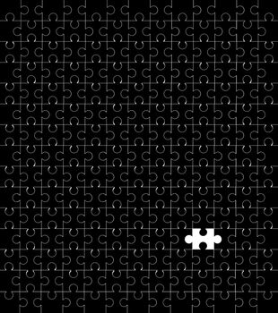 A black and blank jigsaw with one piece missing. Isolated on white.