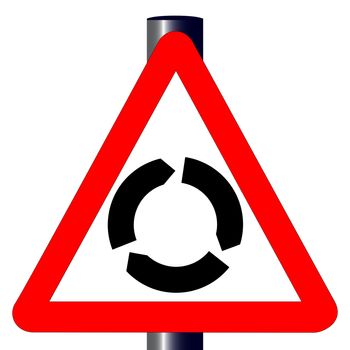 The traditional 'ROUNDABOUT' triangle, traffic sign isolated on a white background..