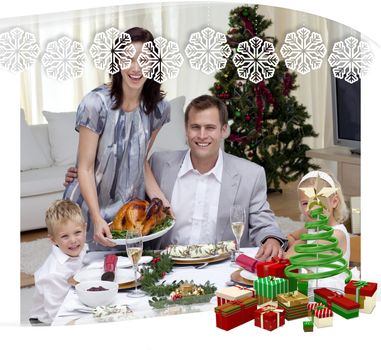 Parents and children celebrating Christmas dinner with turkey against snowflake frame