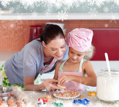 Young mother teaching child how to cook  against fir tree forest and snowflakes