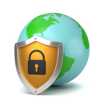 Earth Protected by a Yellow Metallic Shield with Padlock on White Background 3D Illustration