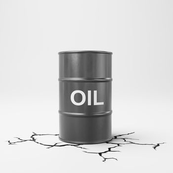Black Oil Barrel with Text on White Gray with Crack 3D Illustration, Oil Crisis Concept