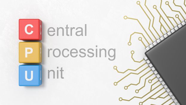 Black Central Processing Unit Text, CPU Colorful Cubes and Computer Microchip with Integrated Circuit on a Light Gray Plastered Background 3D Illustration