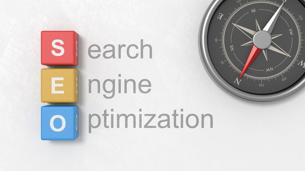 Black Search Engine Optimization Text, SEO Colorful Cubes and Metallic Compass on a Light Gray Plastered Background 3D Illustration