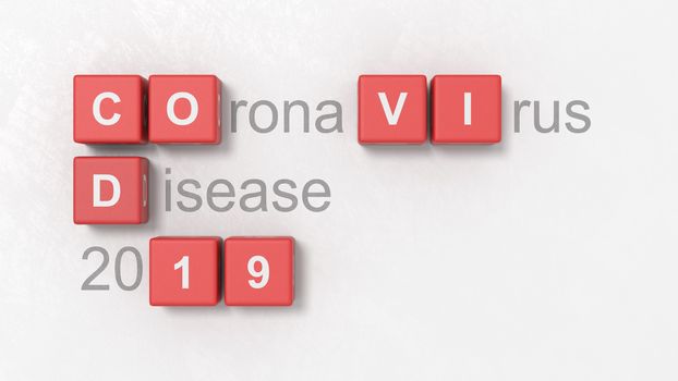 Black Coronavirus Disease 2019 Text and COVID 19 Red Cubes on a Light Gray Plastered Background 3D Illustration