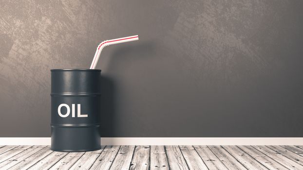 Black Oil Barrel with Drinking Straw Against the Wall of a Room, 3D Illustration