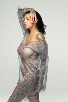 young beautiful girl posing in a transparent dress in the studio