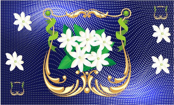 jasmine flower in golden frame on blue abstract background