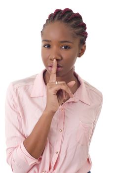 Beautiful young africand woman asking for silence, isolated on white background