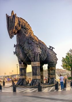 Canakkale, Turkey - 07.23.2019.  Statue of the Trojan horse in Canakkale, Turkey, on a summer morning