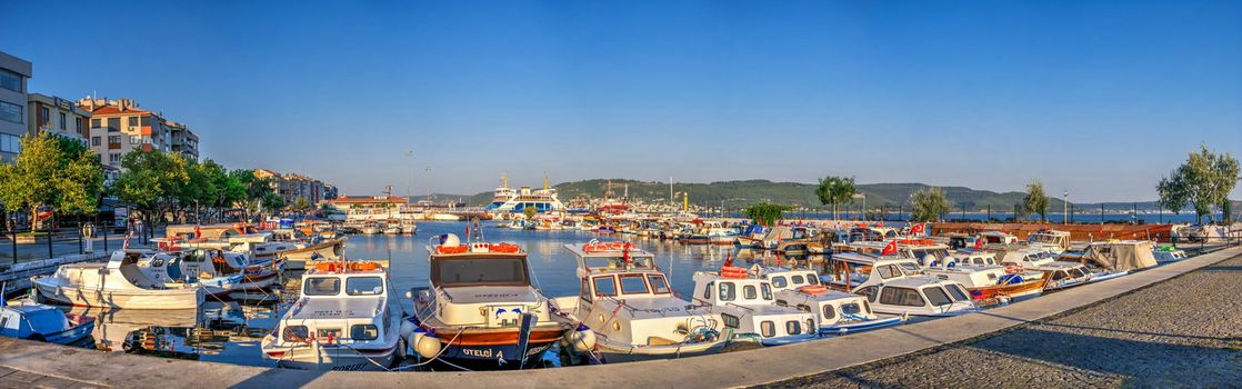 Canakkale, Turkey - 07.23.2019.  Marina and Embankment of the Canakkale city in Turkey on a sunny summer morning. Big size panoramic view