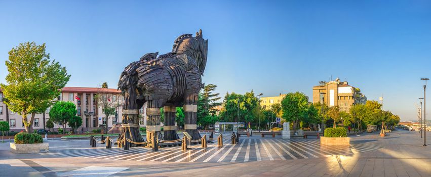 Canakkale, Turkey -07.23.2019.  Troy Antique City Open Air Museum on Canakkale Embankment in Turkey on a summer morning. Big size panoramic view