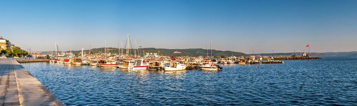 Canakkale, Turkey - 07.23.2019.  Marina and Embankment of the Canakkale city in Turkey on a sunny summer morning. Big size panoramic view