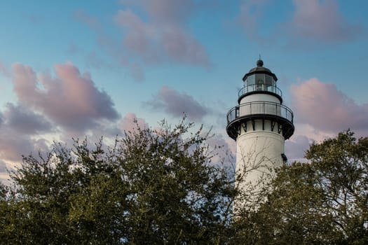 A white brick lighthouse rising out of green foliage under clear blue skies