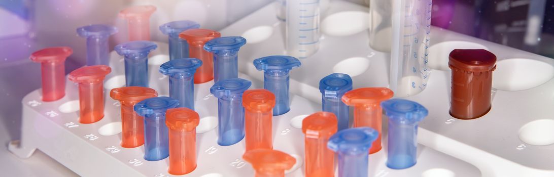 Blue and red beakers stand in a special stand on the laboratory table. Concept of scientific research.