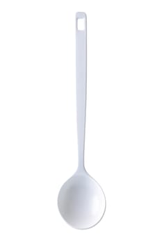 A front view of a white serving spoon ladle on white with clipping path