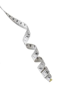 A twisted white tape measure showing inches and centimeters