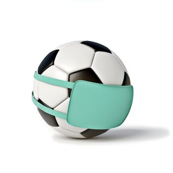Soccer ball with surgery mask and post-it. Coronavirus effects and consequences on sports. 3d illustration