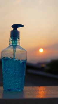 Dispenser bottles of alcohol based gel hand sanitizers to keep hands from germs and bacteria during the Covid-19 or Coronavirus pandemic.