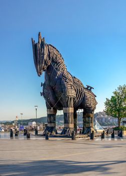 Canakkale, Turkey - 07.23.2019.  Statue of the Trojan horse in Canakkale, Turkey, on a summer morning