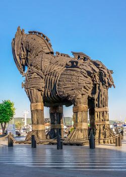 Canakkale, Turkey - 07.23.2019.  Statue of the Trojan horse in Canakkale, Turkey, on a summer morning