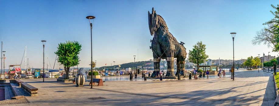 Canakkale, Turkey - 07.23.2019.  Statue of the Trojan horse in Canakkale, Turkey, on a summer morning